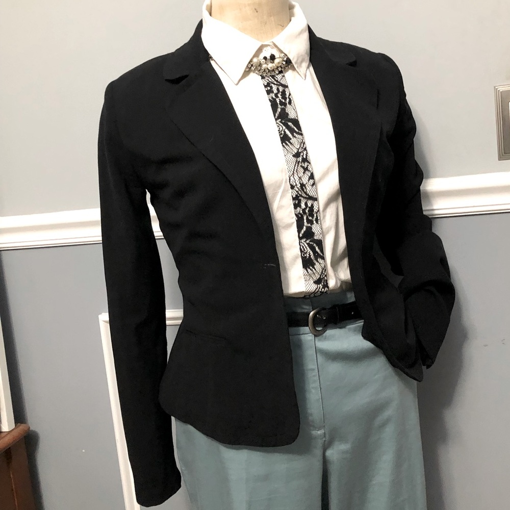 White button down blouse with black lace stripe